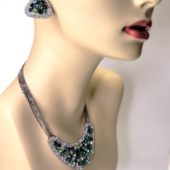 Blue Green Rhinestone Necklace and Earrings Set Rhinestone Collar necklace - Picture 1 of 14